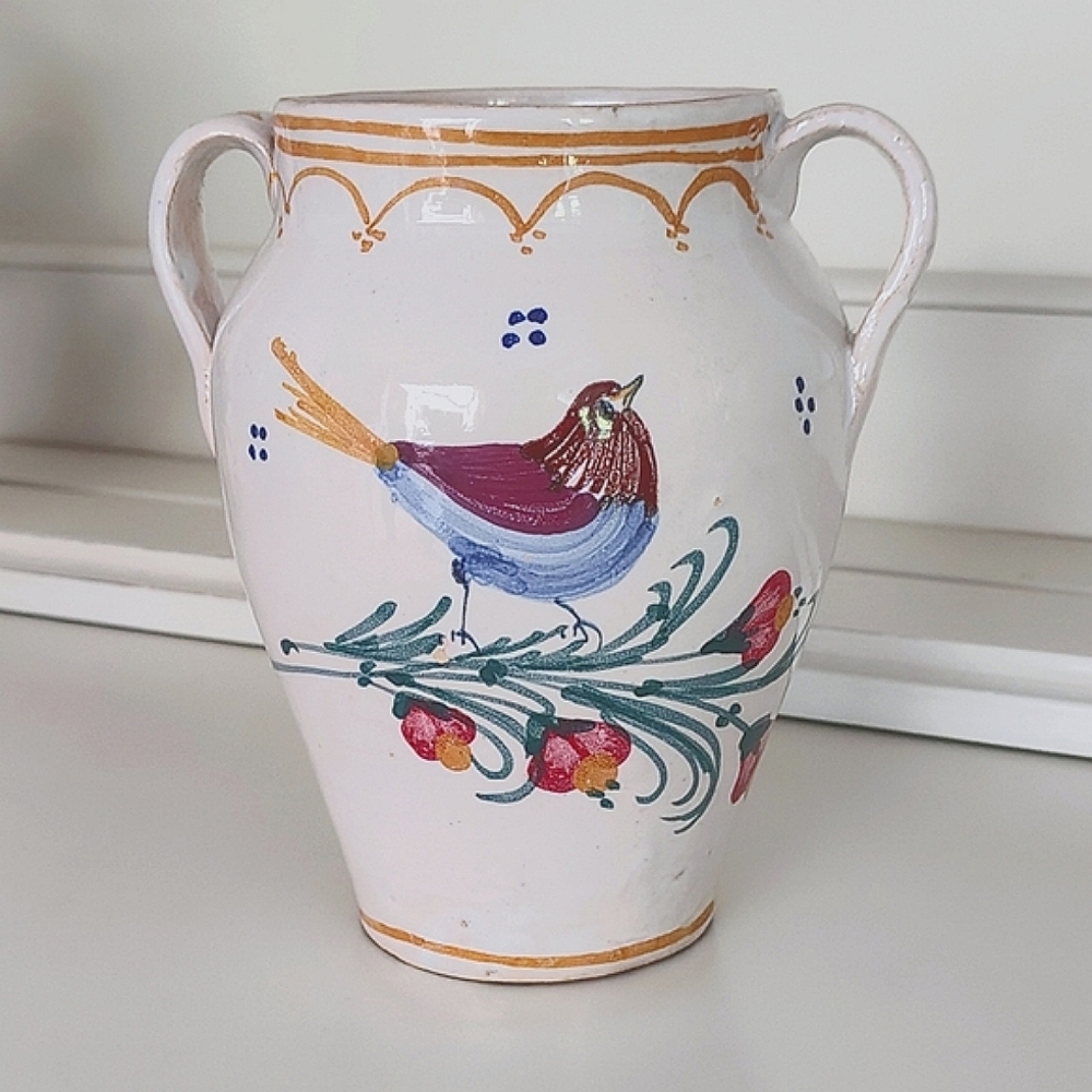 Vintage Italian Majolica Pottery Vase with Song Bird Floral Design